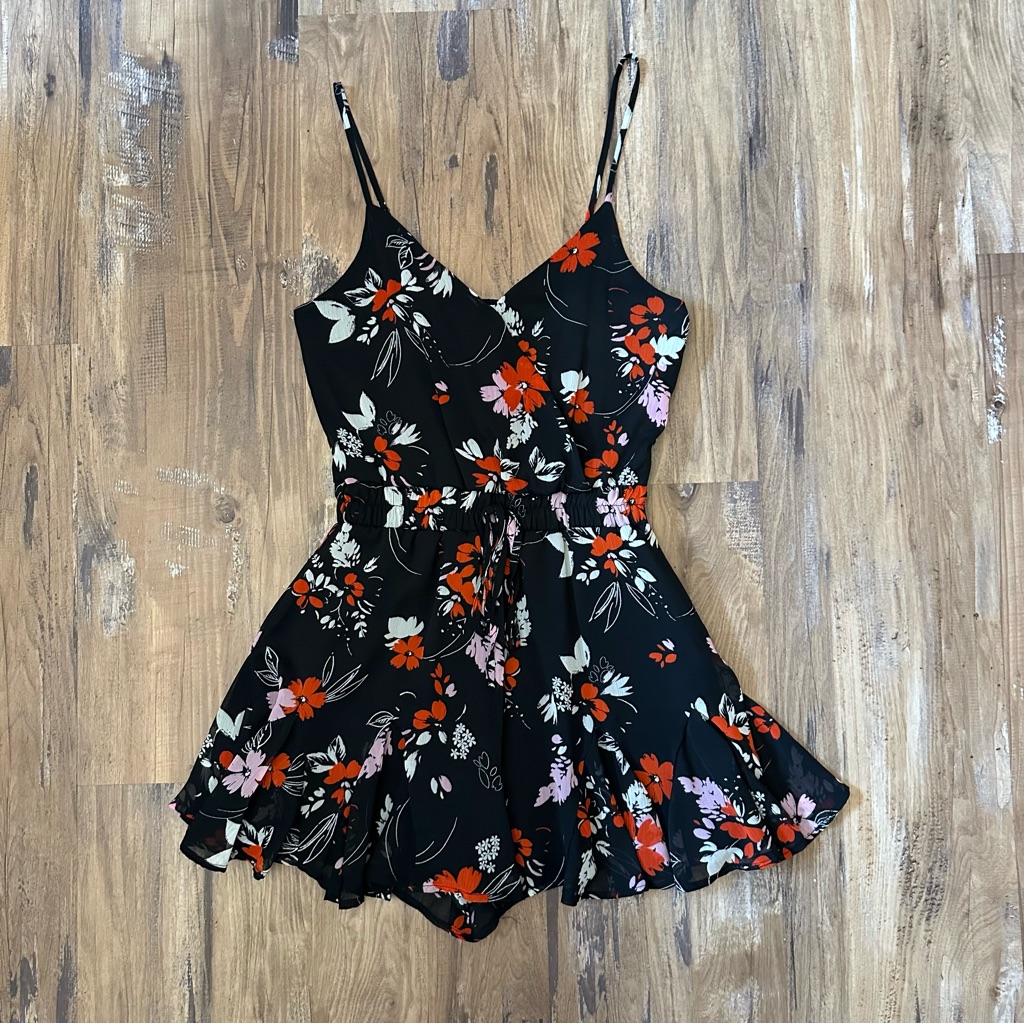 Francesca’s Miami Black & Red Floral Godet Romper